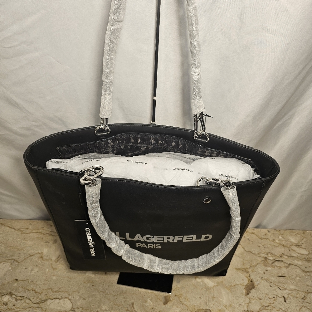Karl Lagerfeld Paris Adele Black Zipperred Double Handled Tote Bag - Picture 7 of 9